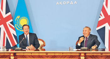 Nursultan Nazarbayev’s comment that he would vote for David Cameron given a chance produced the exchange of smiles at their joint press conference. 1010985584